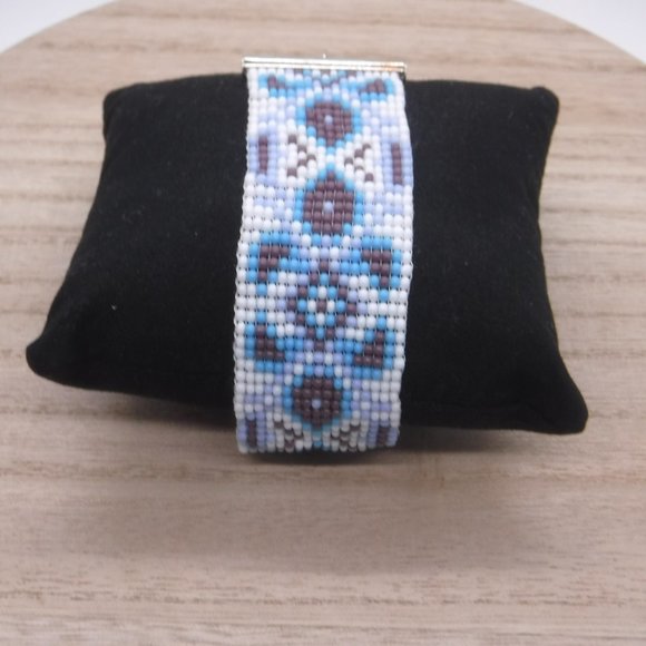 Loom Baded Bracelet White, Teal & Purple - Picture 2 of 5